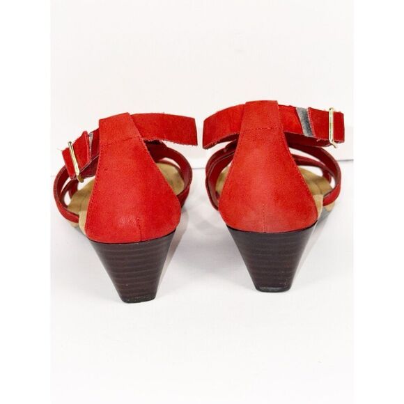 Ralph Lauren Demi Wedge Sandal Red Leather Strappy Gold Buckle Comfort 9.5 B - Picture 9 of 16